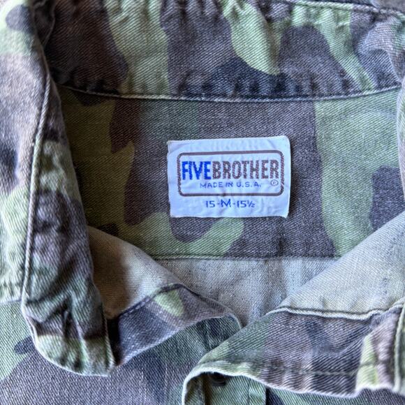 VINTAGE 80S 90S FIVE BROTHER CAMO BUTTON UP SHIRT GREEN OUTDOORS MENS MEDIUM - Picture 4 of 5
